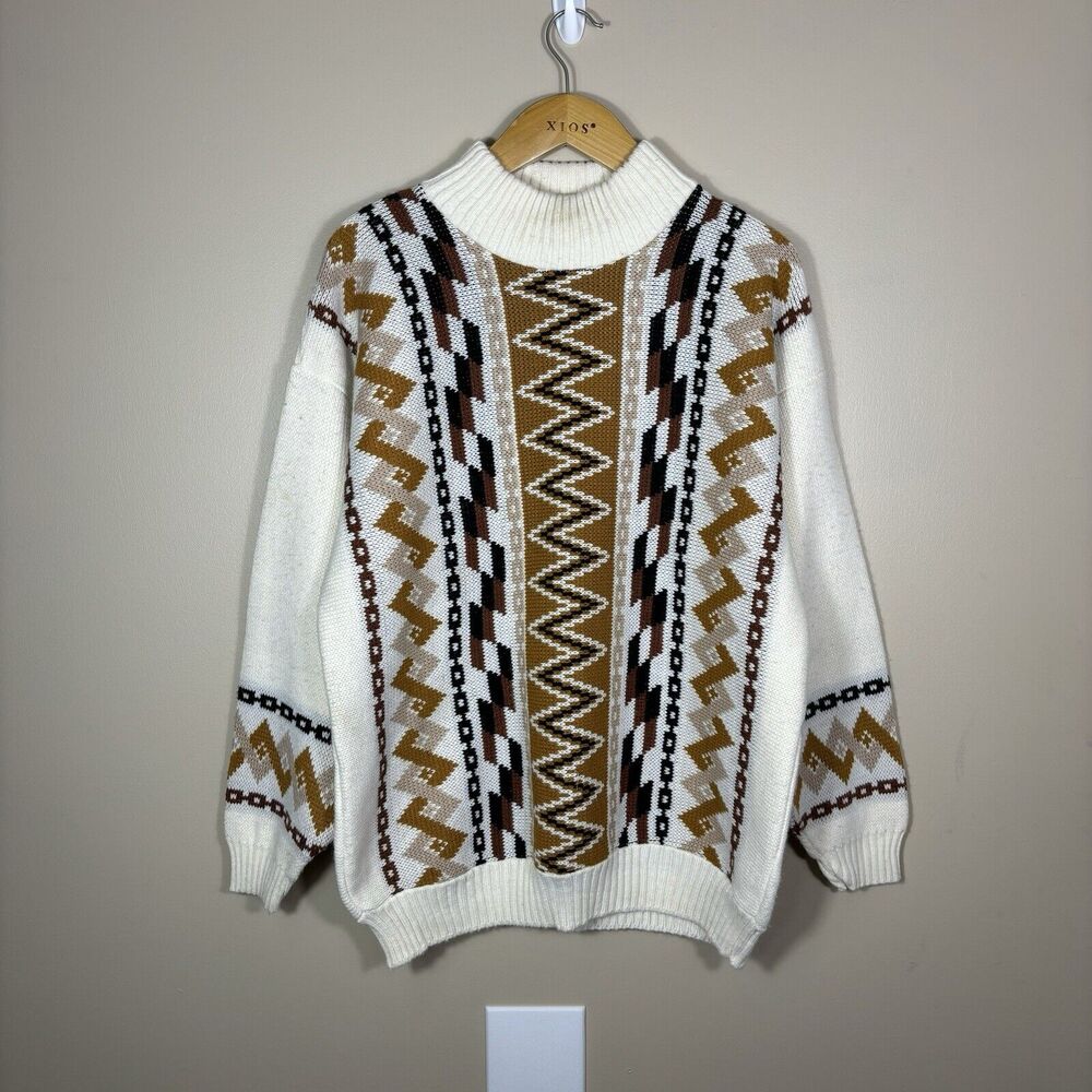 Vintage 90s Knit Sweater Aztec Nature Geometric Clifton Place Brown White Sz L